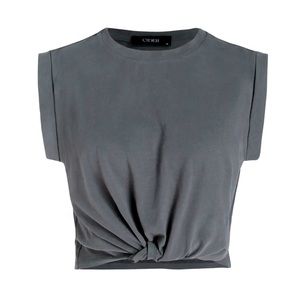 Cider Solid Round Neckline Twist Short Sleeve Top